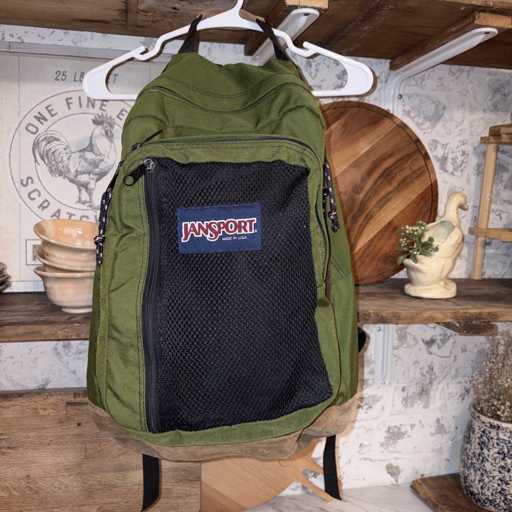 Vintage Jansport Backpack Green 90s Retro Made in USA Leather